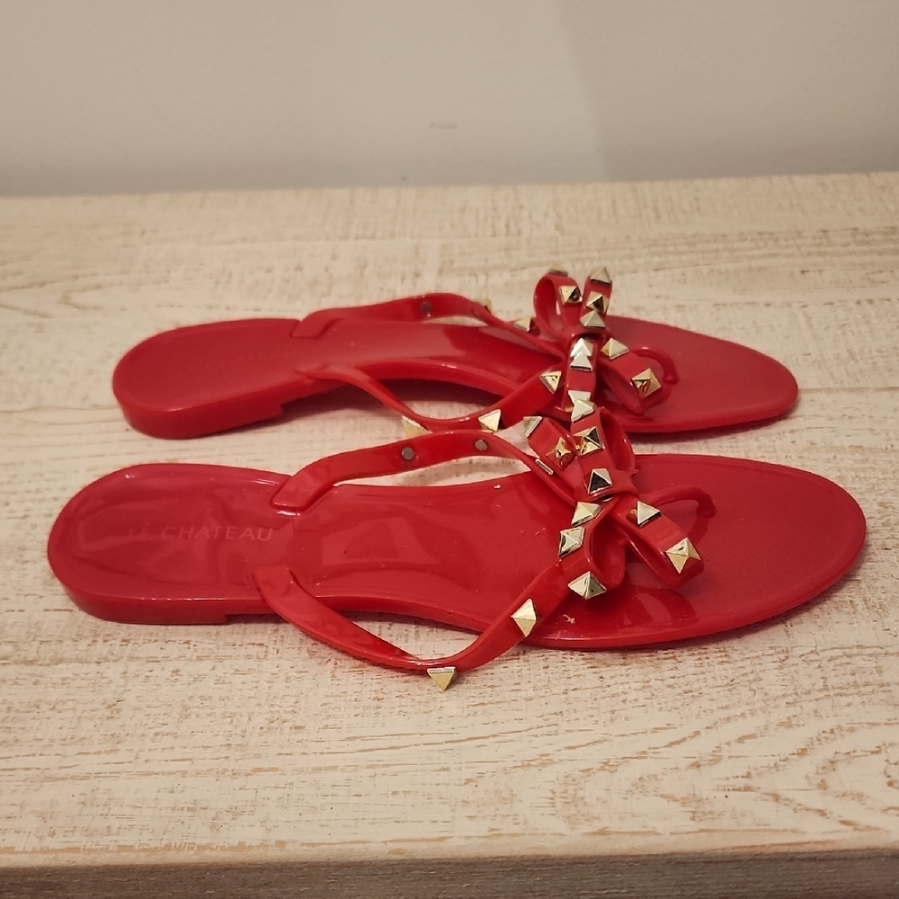 Le Chateau Red Studded Jelly Thong Sandals – Bow Detail Size 9 - Picture 2 of 4